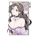 Anime-style purple-haired woman wearing a yellow crown and lavender frilled dress with jewelry on a clear vinyl decal