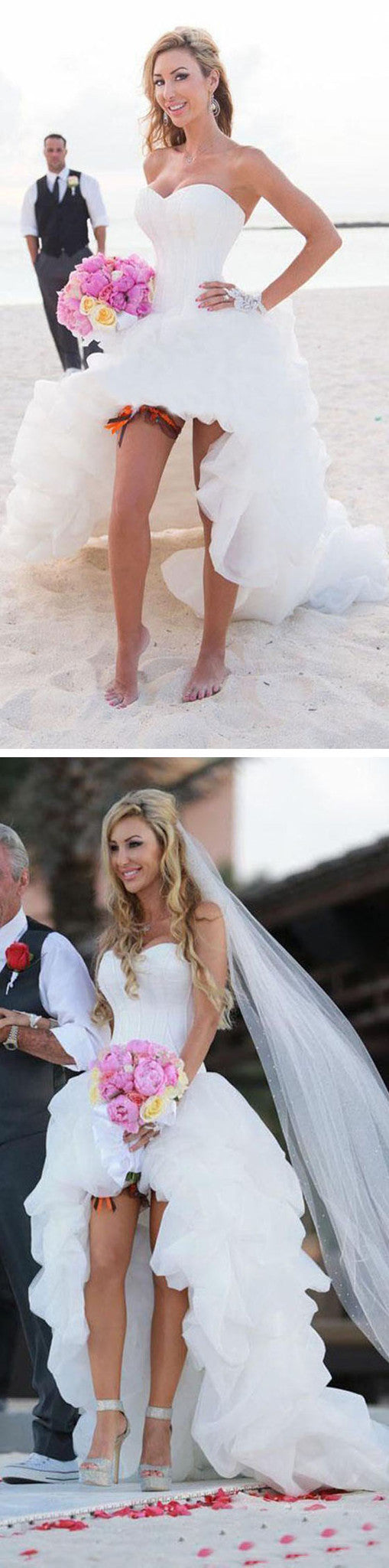 Sexy Strapless Sweetheart A-line High Low Tulle Beach Wedding Dress, WD0008