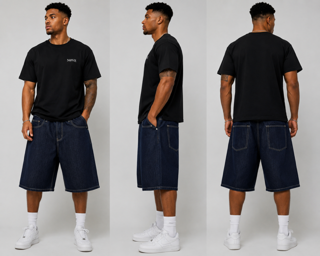 Short Denim Oversized Bleu Foncé - Face profil dos