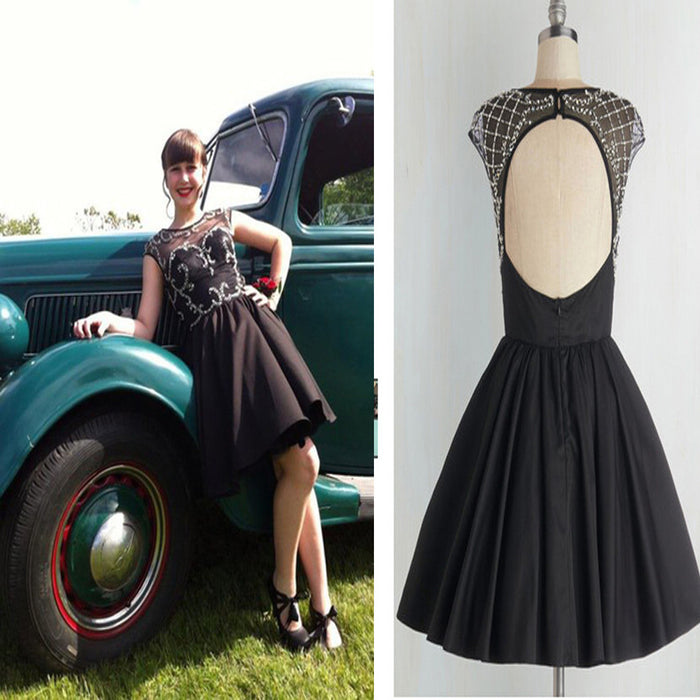 Shortopen back simple unique  black freshman formal homecoming prom dresses,BD0090