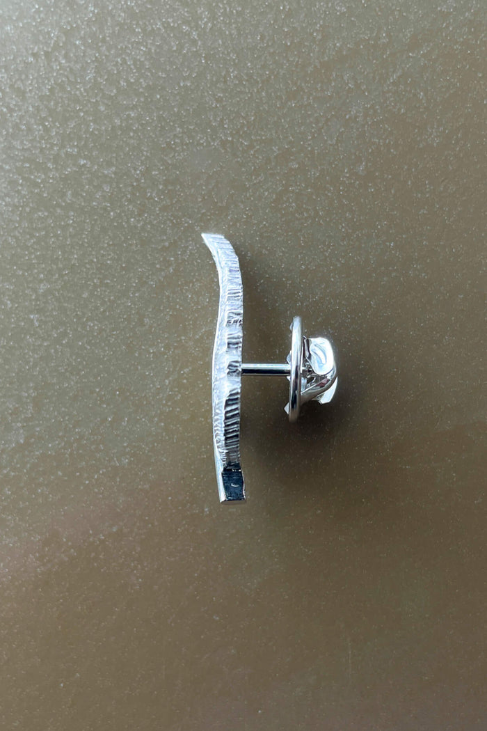 Silver earring with a curved design on a beige background