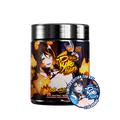 Black container with silver lid showing detailed supplement facts and blue and red label accents for energy formula.