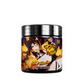 Black jar with a purple and yellow label showing supplement facts and directions in yellow and white text.