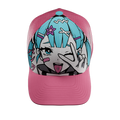 Pink mesh snapback hat with a solid curved brim and a light blue adjustable strap at the back.
