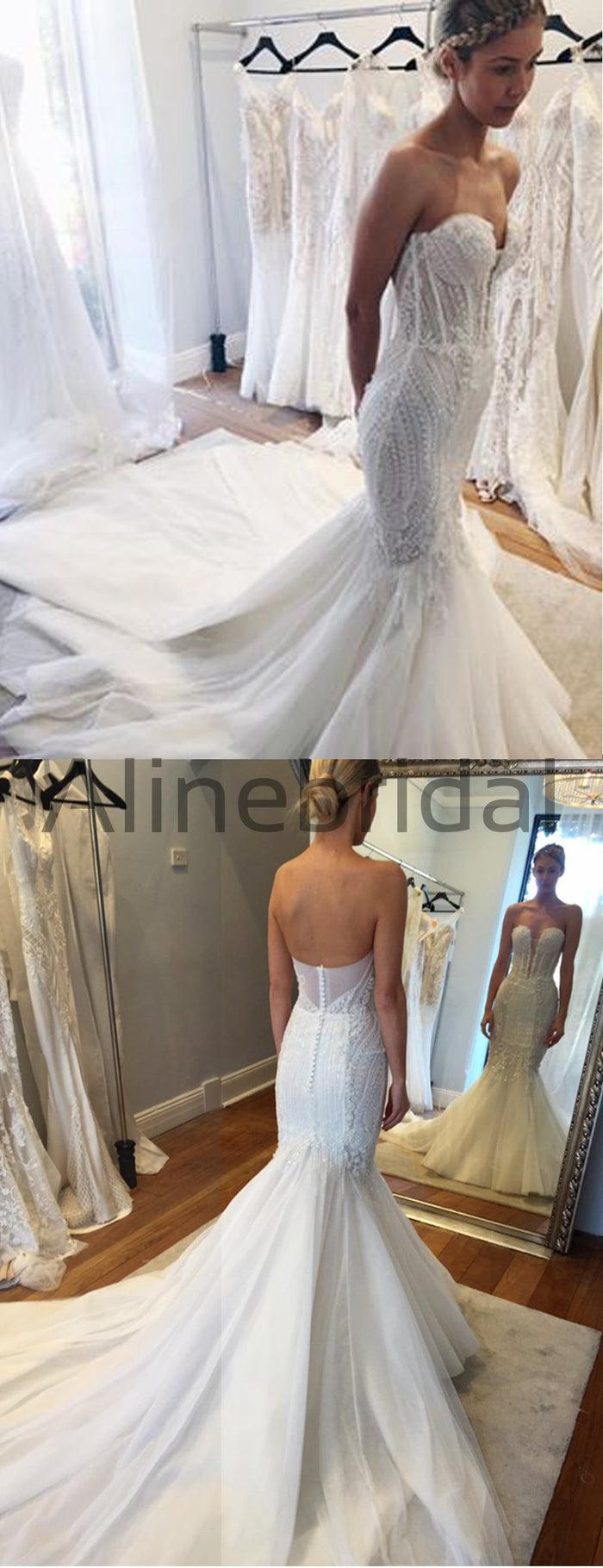 Sparkly Beading Tulle Strapless Mermaid Vintage Wedding Dresses, AB1503
