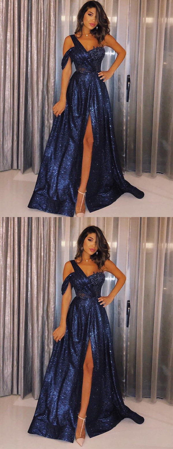 Sparkly Navy Blue Sequins One Shoulder A-line Long Prom Dress with Slit, PD00341