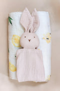 Sunshine Set organic newborn essentials with muslin swaddles and bunny comforter