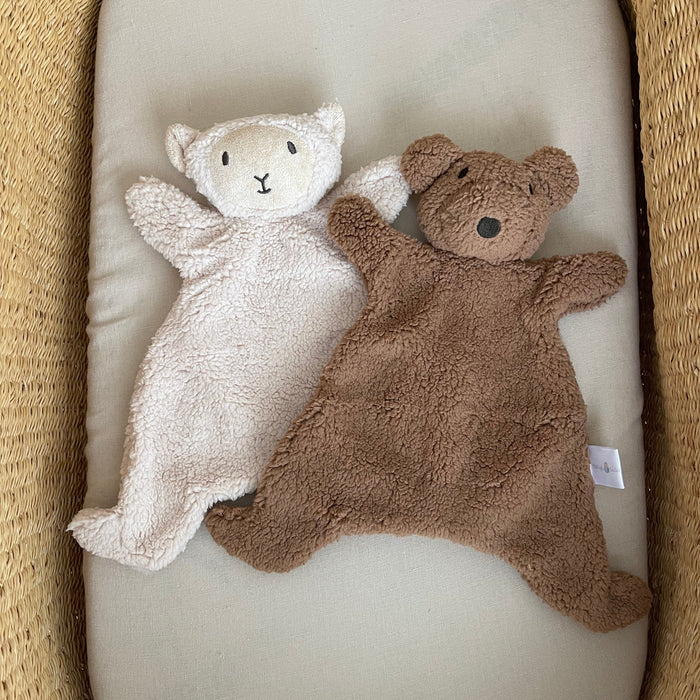 Teddy and lamb baby comforters designed for cuddles and play