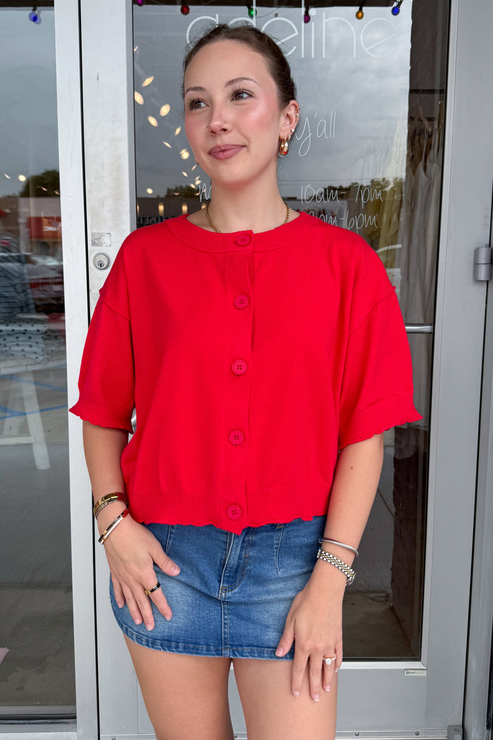 The Rowan Raw Edge Cardigan Red, adeline boutique, dallas boutique, boutique