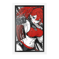 Red-haired anime character in black gloves punching through glass with intense blue eyes and a red outfit.