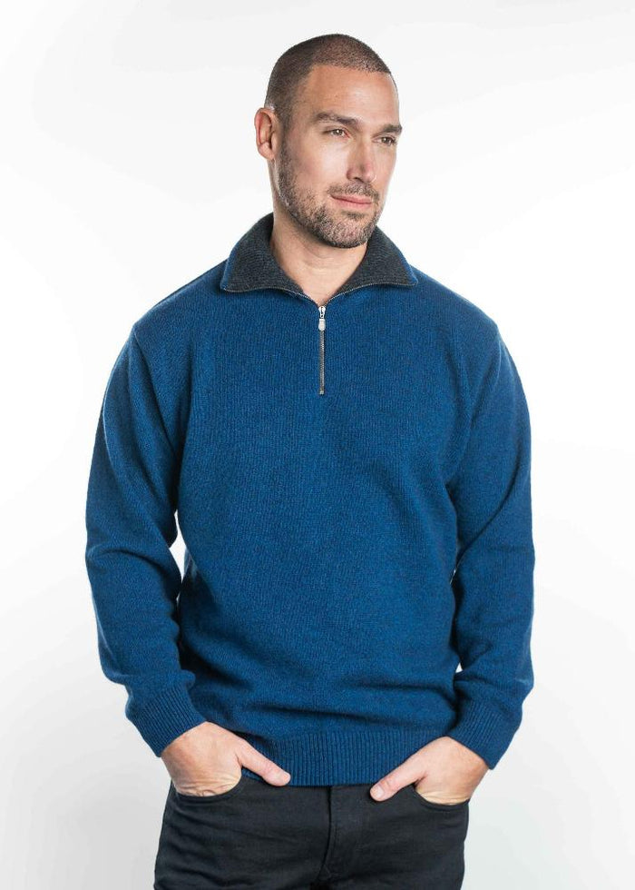Possum and Merino. TR8007 Zip Collar Jumper - This zip neck jumper has a feature contrast colour on the inside of the collar. Made proudly in New Zealand from a premium blend of 25% possum fur, 65% merino and 10% silk.