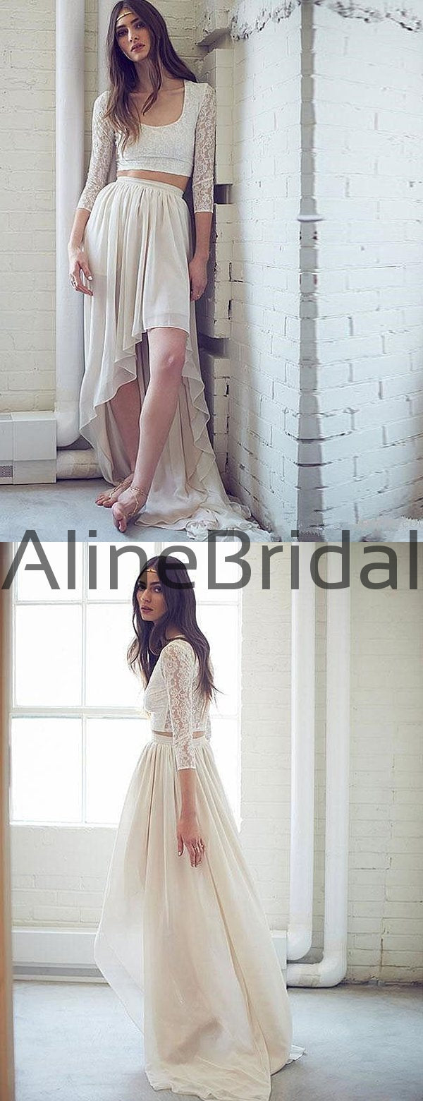 Two Piece Ivory Lace Chiffon High Low Boho Beach Wedding Dresses , AB1534