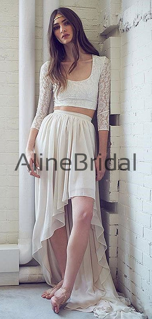 Two Piece Ivory Lace Chiffon High Low Boho Beach Wedding Dresses , AB1534