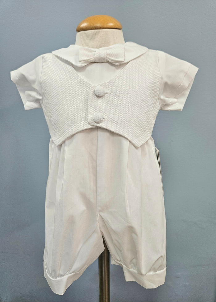 Baby boy outfit with decorative vest and bowtie.