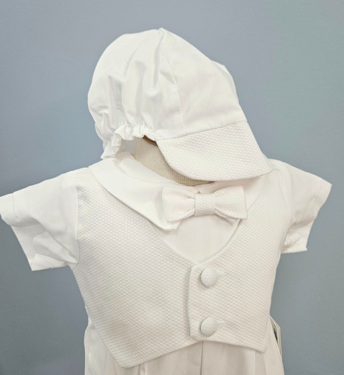 Baby boy outfit with matching bonnet.