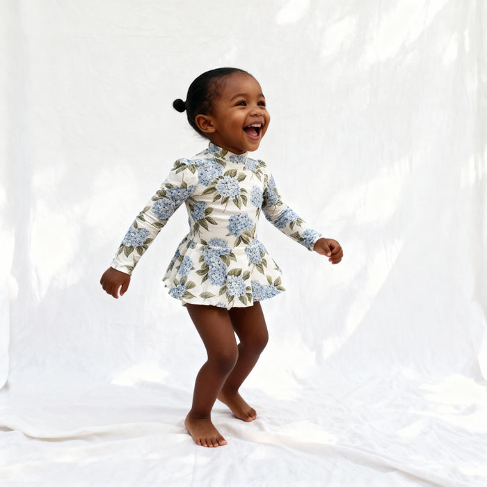 Petit Playa Valentina Long Sleeve Swim Dress in Bloom print, sun-safe UPF50+ swimwear for babies and girls