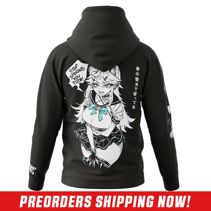 Black hoodie with white hand-drawn hearts on the sleeve and a partial anime-style character on the side.