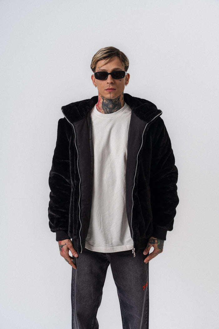 Veste Fausse Fourrure Noire à Capuche