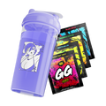 Purple shaker cup with anime girl graphic and four colorful GG Energy drink mix packets in various flavors.