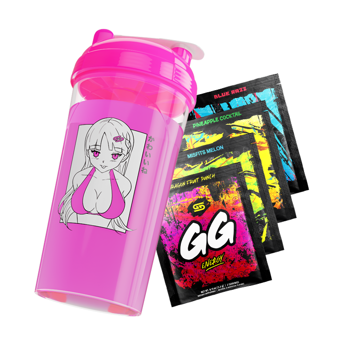 Bright pink shaker cup with anime girl in bikini top and Japanese text, alongside colorful energy drink packets.