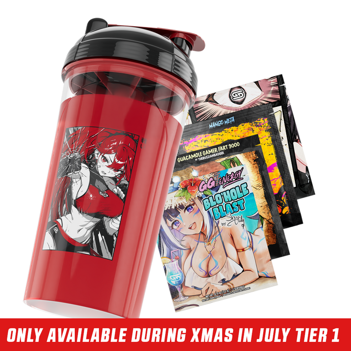 Clear shaker bottle with black and red lid and bold black stylized "GD" logo on the side