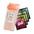 Peach shaker cup with orange lid featuring sad anime girl with cat ears and heart on chest next to colorful energy mix.