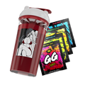 Red and white shaker cup with a black-and-white anime woman in a bikini and five colorful energy drink packets.