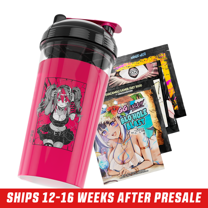 Transparent pink shaker cup with a black lid and a shattered black "ST" logo on the front.