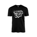 Black short-sleeve tee with large reflective white "Waifu Cups" logo in bold script on front