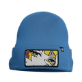 Blue knit beanie with a folded cuff featuring a patch of an anime-style eye and pink Japanese characters.