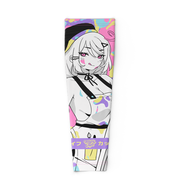 2XL gaming sleeve with colorful pastel splashes and black-and-white anime character holding a sword design.