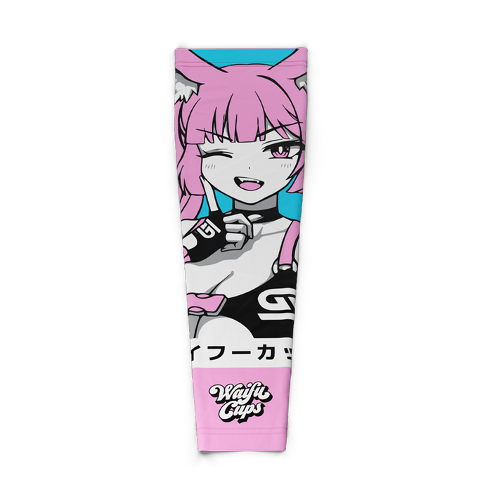 Pink-haired anime girl with cat ears winking on a blue background, black gloves, and "Waifu Cups" text on a pink band.