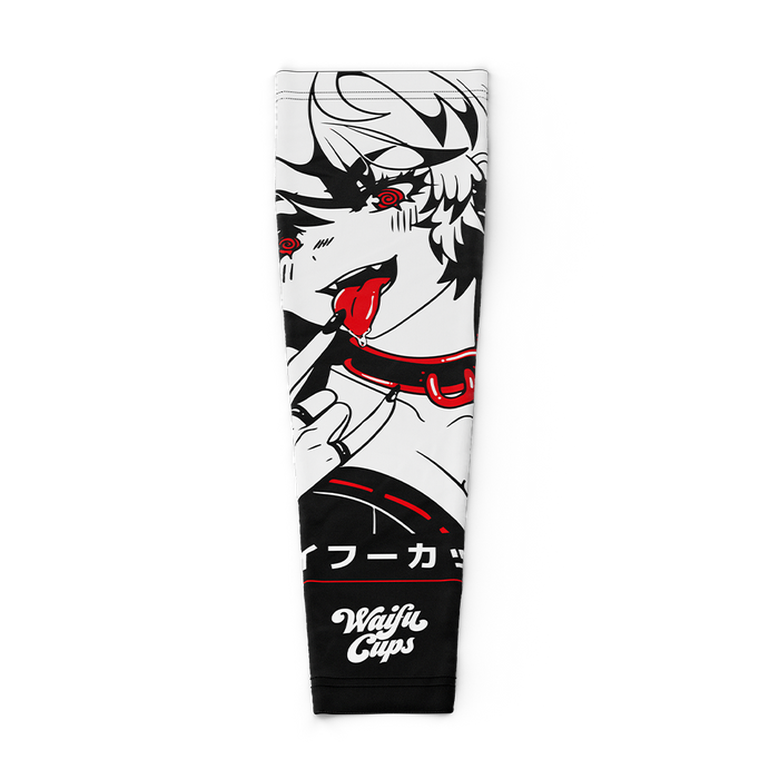 Black and white gaming sleeve with red accents featuring a goth anime character licking a finger and wearing a collar.