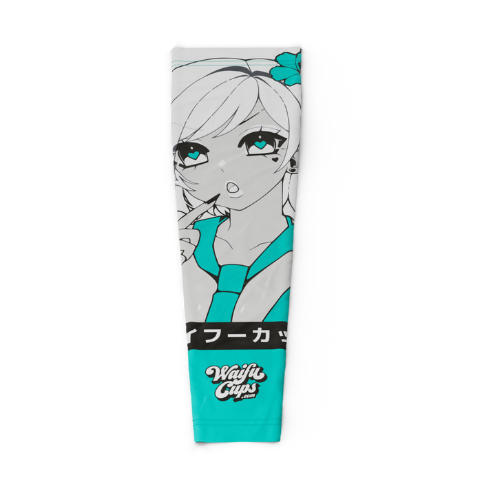 2XL gaming sleeve with anime girl in teal outfit, heart-shaped eyes, and teal flower accent on white background.