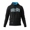 Black hoodie with a large front pocket and a colorful graphic partially visible on the chest, shown from the side.