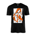 Black shirt with an anime-style woman with long orange hair in an orange swimsuit and Japanese text on the front.