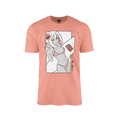 Coral pink shirt with anime girl in striped bikini holding a surfboard and a hibiscus flower in her hair.