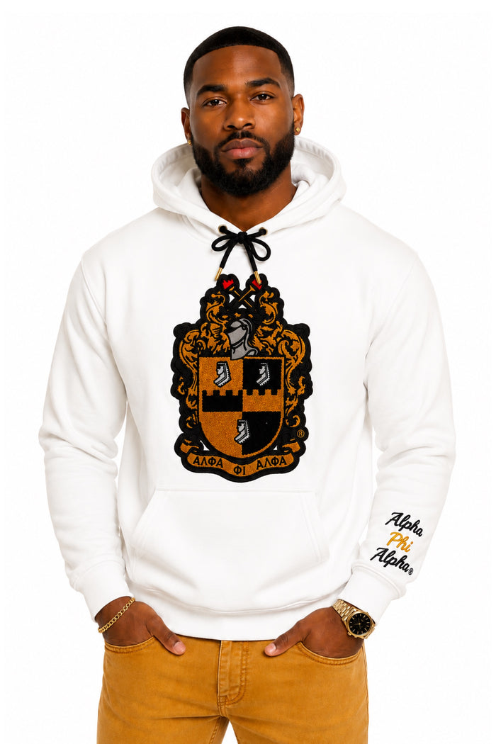 White Alpha Shield Chenille Hoodie