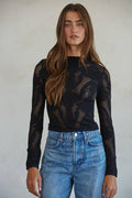 Women's Knit Seamless Jacquard Mock Neck Long Sleeve Top - Black