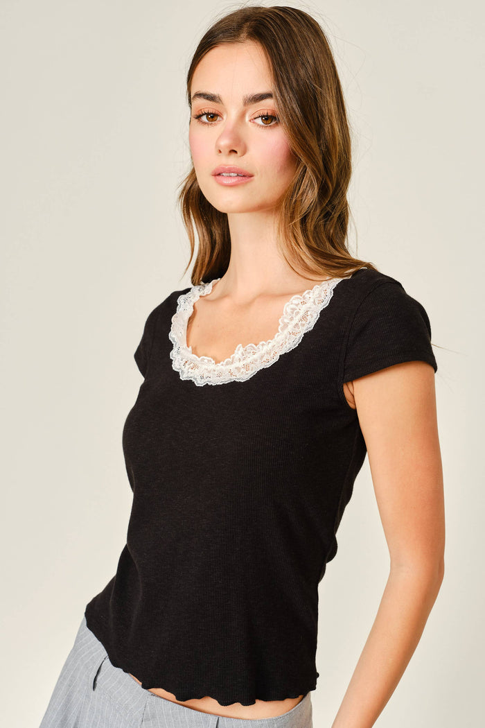 Women's Lace Neck Short Sleeve Top - Black