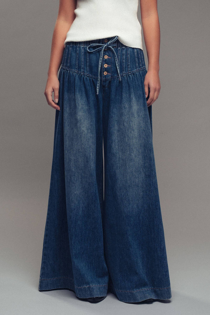 Women's Pleated Wide-Leg Pants - Dark Denim