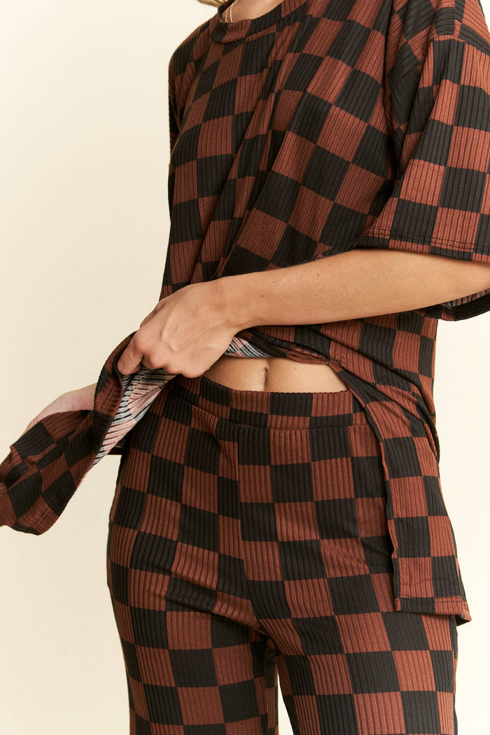 Women's Ribbed Checkered Set - Mocha/Black