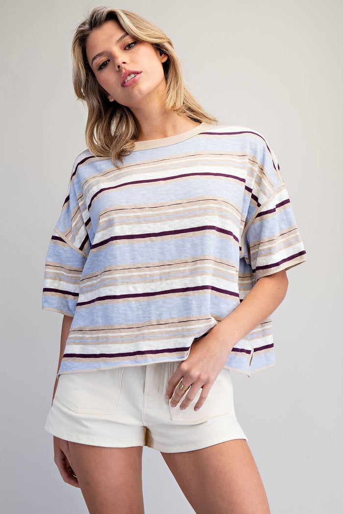 Women's Striped Boxy T-Shirt - Blueberry