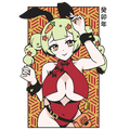 Anime-style character with green hair, black bunny ears, and a red outfit on a yellow geometric background.